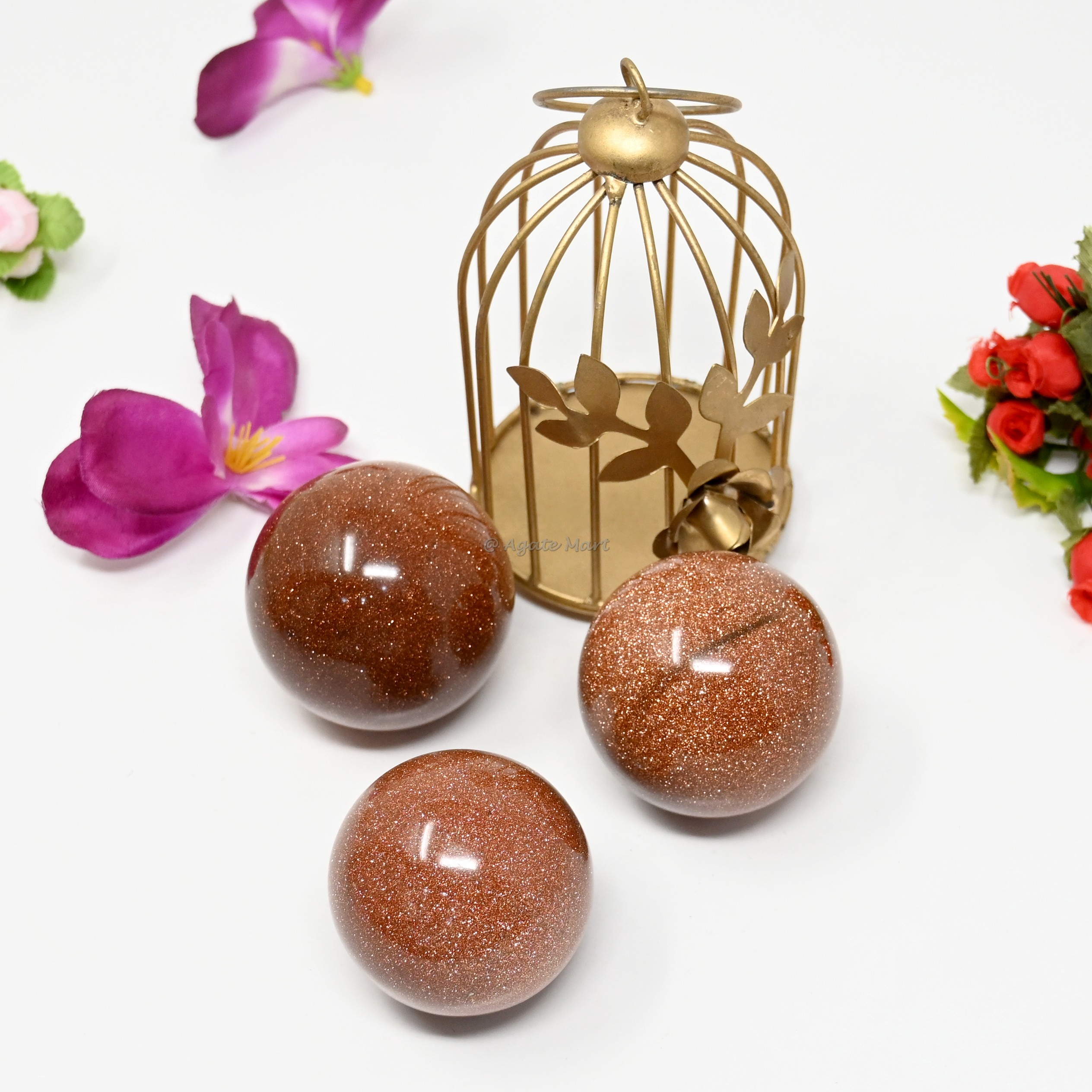 Gold Sunstone Crystals Sphere With Brass Stand