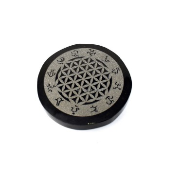 Wiccan Symbol with Flower of Life Engraved Coaster On Black Agate