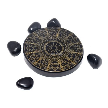 Zodiac Symbols Engraved Coaster On Black Agate