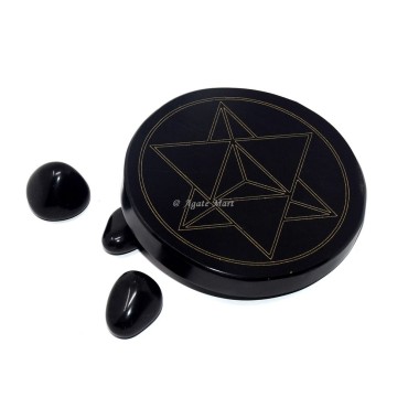 Merkaba Engraved Coaster On Black Agate