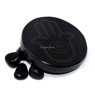Hamsa Hand Engraved Coaster On Black Agate