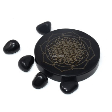 Flower of Life with Star Engraved Coaster On Black Agate