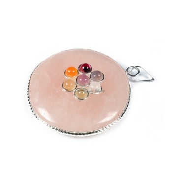 Rose Quartz with Seven Chakra Stones Round Pendant