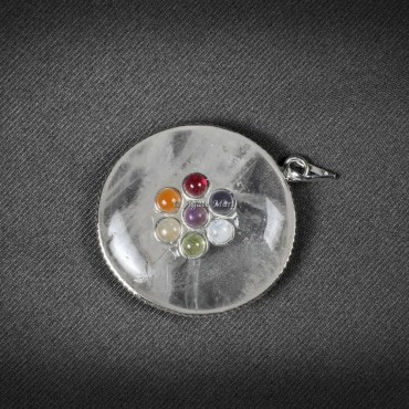 Crystal Quartz with Seven Chakra Stones Round Pendant
