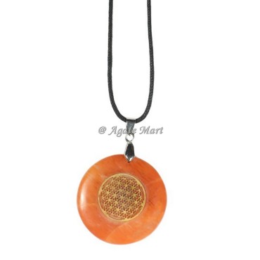 Engraved Golden Quartz Pendant With Flower Of Life