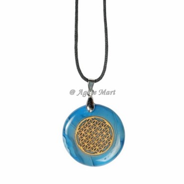 Engraved Blue Lace Agate Pendant With Flower Of Life