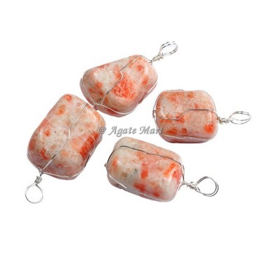 Sunstone Tumbled Pendant with Thin Wraped