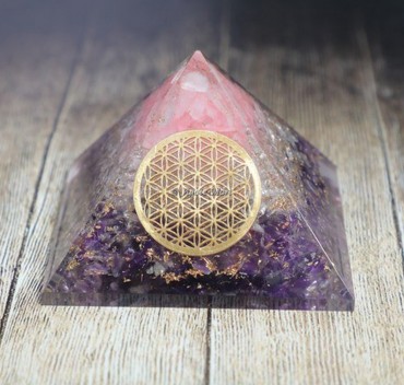 Amethyst Crystal Rose Quartz With Flower of Life EMF Protection Orgonite Pyramid