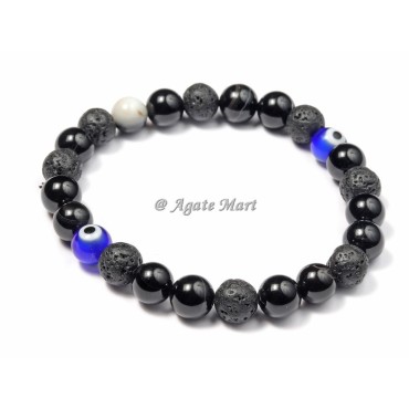 Black Obsidian And Lava With Blue Third Eye Healing Bracelet