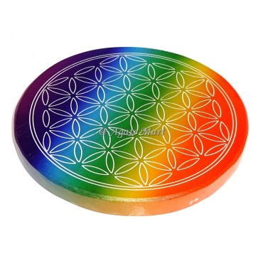 Selenite Rainbow Flower of Life Engraved Coaster