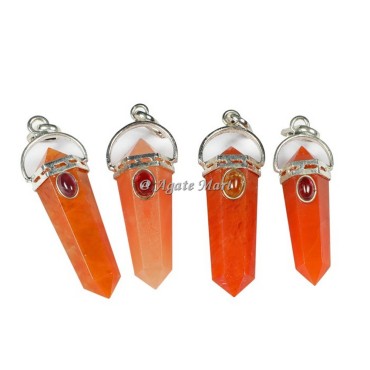 Peach Aventurine with Garnet Stone Faceted Pencil Pendant