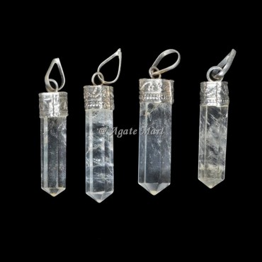 Crystal Quartz with Silver Cap Faceted Pencil Pendant