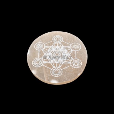 Seven Chakra Metatron Cubs Orange Selenite Engraved Selenite Charging Plate