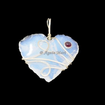 Opalite Hand Made Hearts With Garnet Wire Wraped Healing Pendant