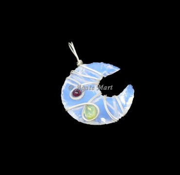 Opalite Moon With Garnet And Peridot Wire Wraped Healing Pendant