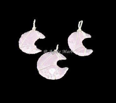 Pink Opalite Moon Silver Wire Wraped Pendant