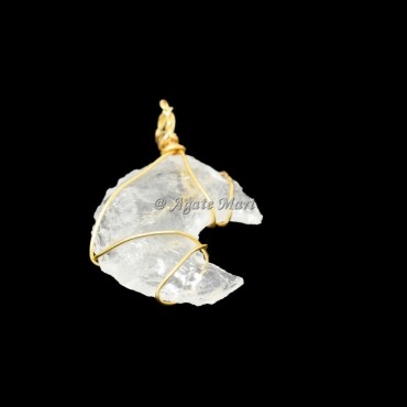Crystal Quartz Moon Golden Wire Wraped Pendant