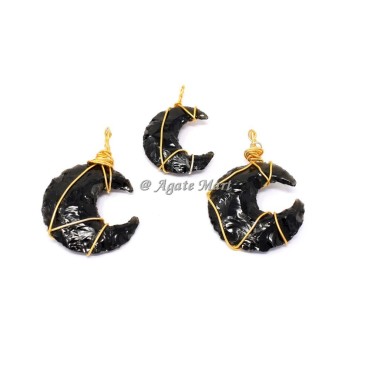 Black Obsidian Moon Golden Wire Wraped Pendant