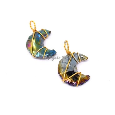 Rainbow Titanium Aura Opalite Moon Wire Wraped Pendant